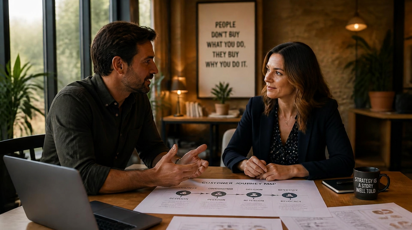 Engagement strategist reviewing a customer journey map with a business owner